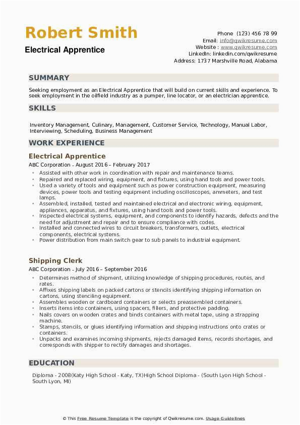 Sample Resume Objective for Electrician Apprentice Electrician Apprentice Resume Examples Best Resume Examples