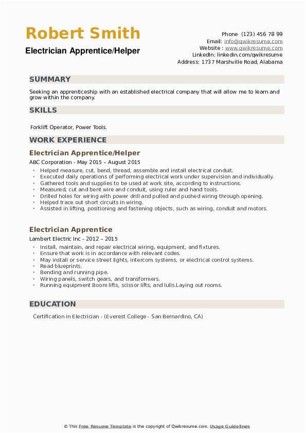 Sample Resume Objective for Electrician Apprentice Electrician Apprentice Resume Samples