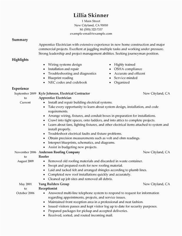 Sample Resume Objective for Electrician Apprentice Electrician Helper Resume Objective Liscrag