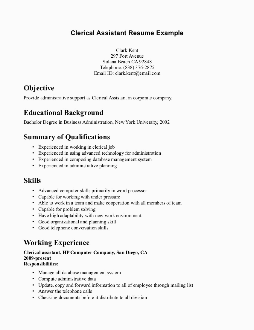 Sample Resume Objective for Entry Level Clerical Position Clerical Resume Sample