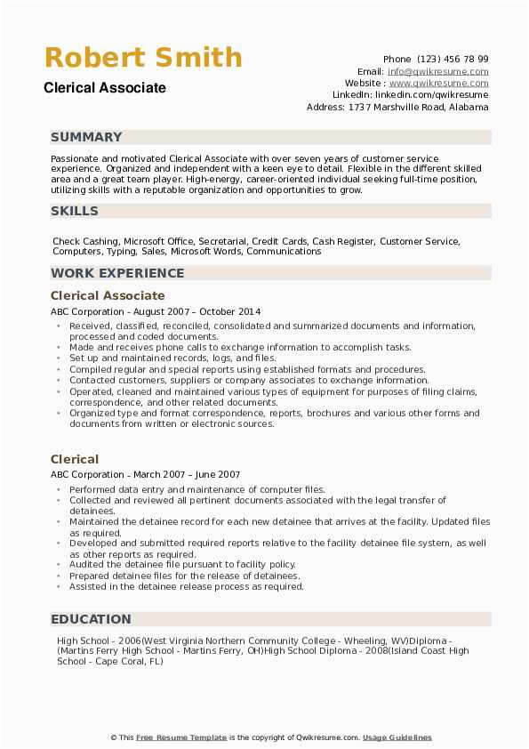 Sample Resume Objective for Entry Level Clerical Position Clerical Resume Samples