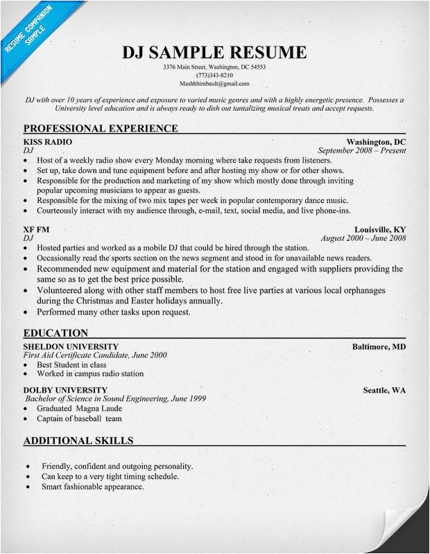 Sample Resume Objective for Entry Level Dj and Broadcasting Disc Jockey Resume Resume Panion