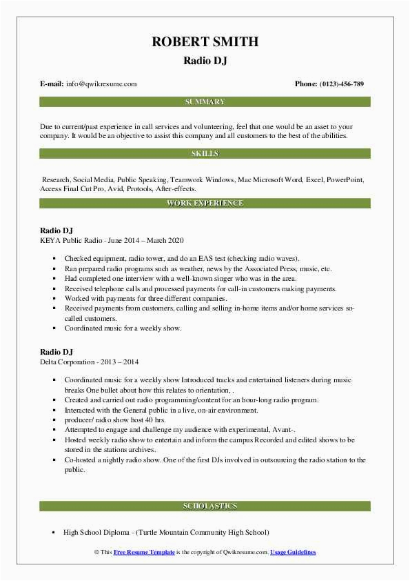 Sample Resume Objective for Entry Level Dj and Broadcasting Radio Dj Resume Samples