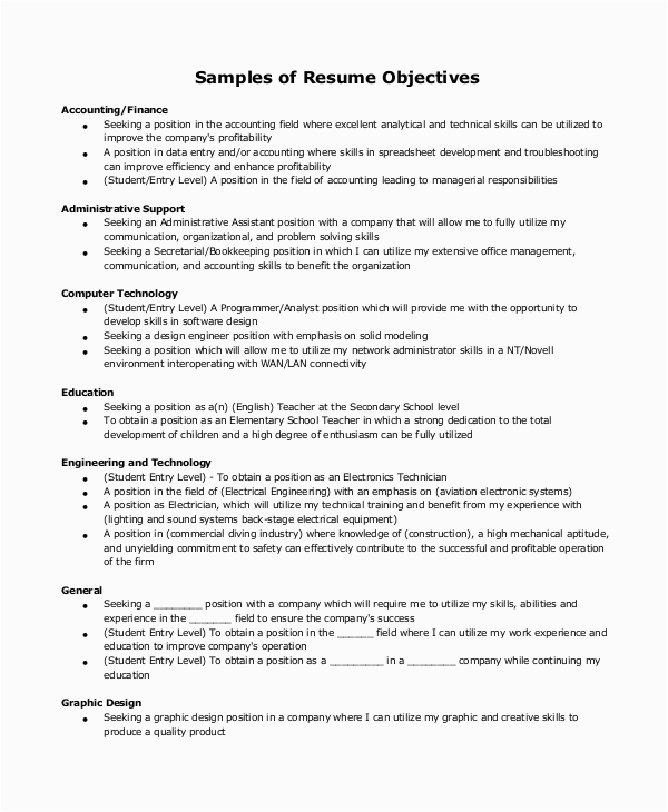 Sample Resume Objectives for Entry Level Free 9 Sample Entry Level Resume Templates In Ms Word