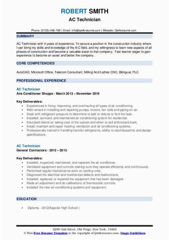 Sample Resume Of Air Conditioning Technician Ac Technician Resume Samples