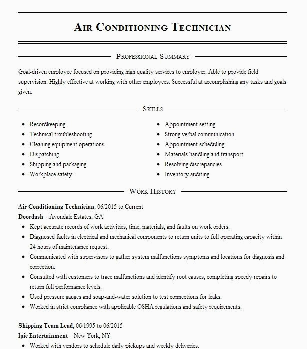 Sample Resume Of Air Conditioning Technician Air Conditioning Mechanic Resume Example Control Air Service Los