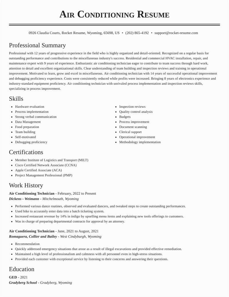 Sample Resume Of Air Conditioning Technician Air Conditioning Technician Resumes