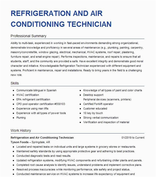 Sample Resume Of Air Conditioning Technician Refrigeration and Air Conditioning Technician Resume Example Tyson
