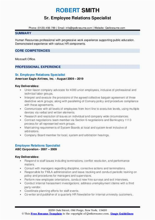 Sample Resume Of An Employee Relations Specialist Employee Relations Specialist Resume Samples