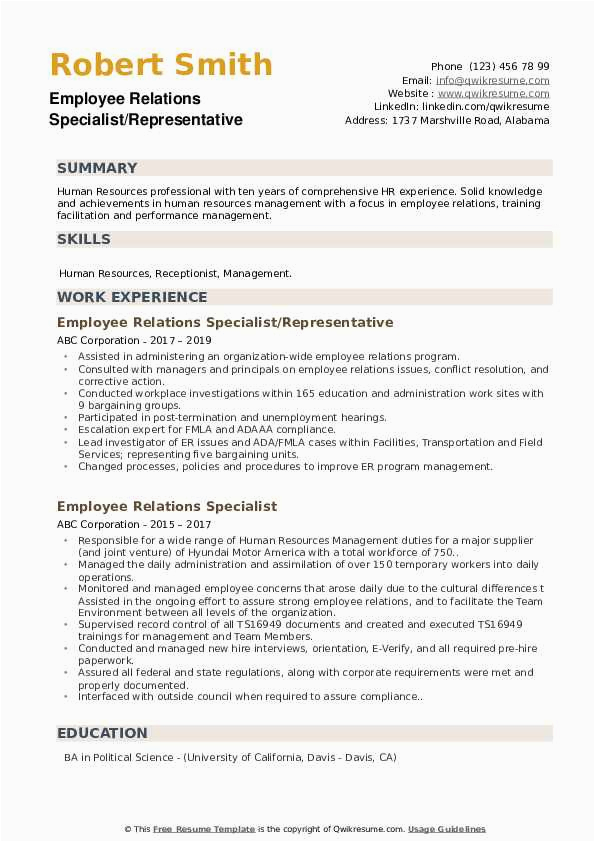 Sample Resume Of An Employee Relations Specialist Employee Relations Specialist Resume Samples