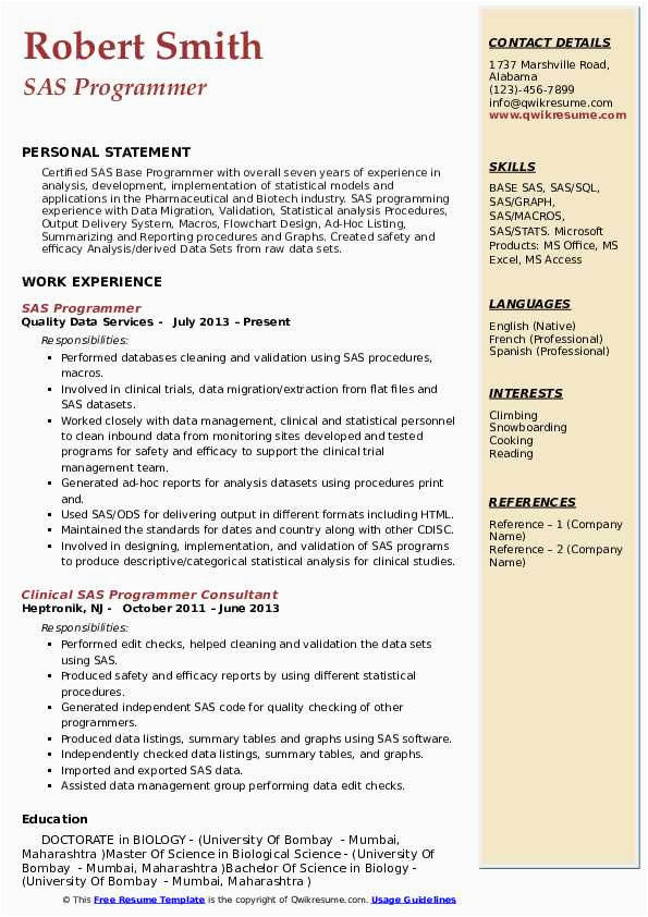 Sample Resume Of An Entry Level Clinical Sas Programmer Sas Programmer Resume Samples