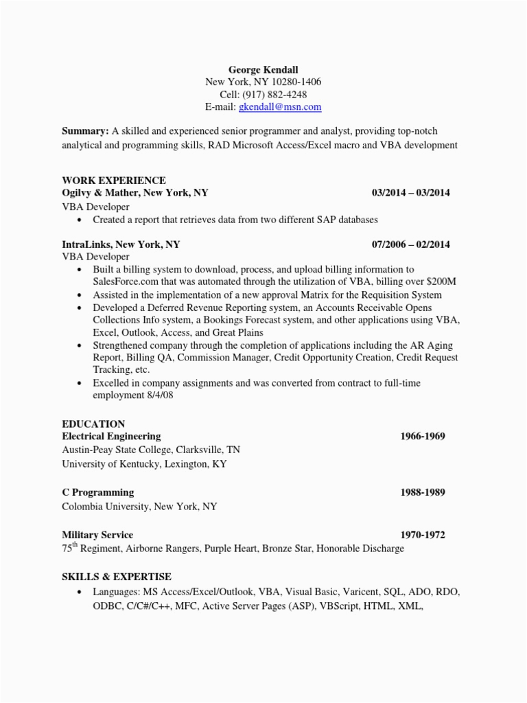 Sample Resume Of An Excel Analyst Analyst Vba Excel Developer In New York Ny Resume George Kendall