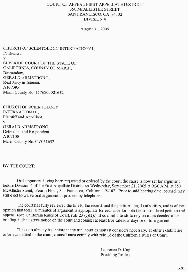 Sample Resume oral Argument before Court Of Appeals Scientology V Armstrong Presiding Justice Kay Letter Re Date for oral