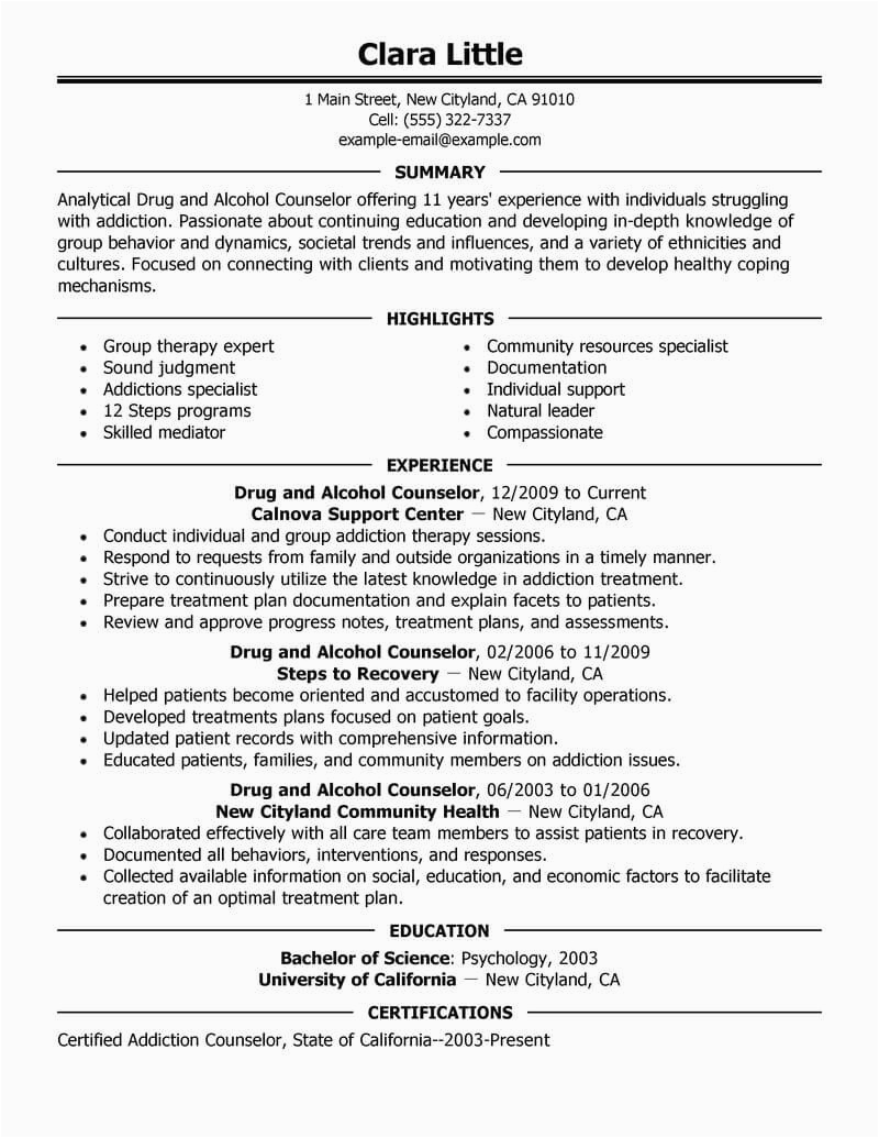Sample Resume Outline for Counseling Position Best Drug and Alcohol Counselor Resume Example From Professional Resume