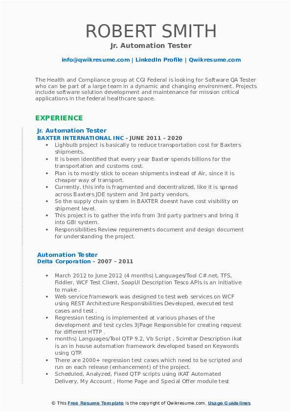 Sample Resume Part Of A Test Group for A System Automation Tester Resume Samples