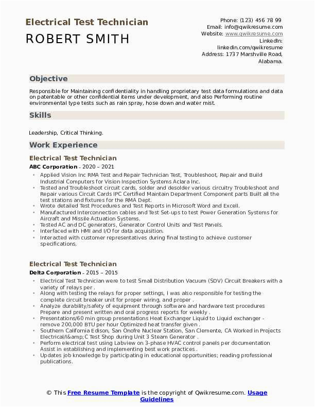 Sample Resume Part Of A Test Group for A System Electrical Test Technician Resume Samples