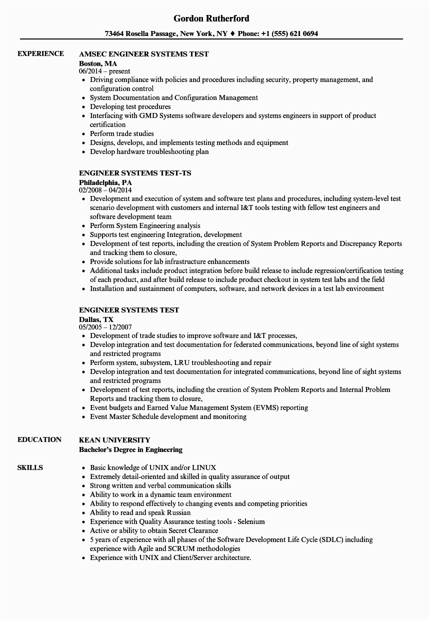 Sample Resume Part Of A Test Group for A System Engineer Systems Test Resume Samples