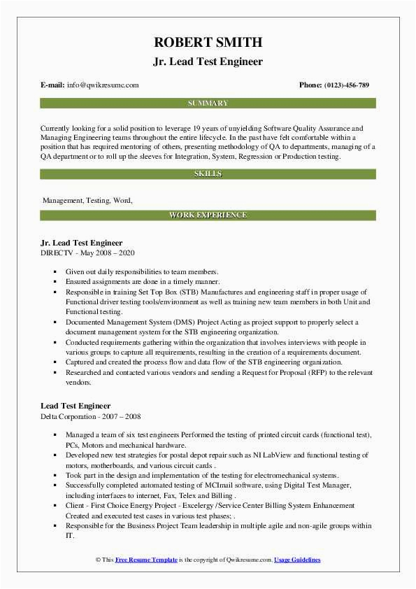 Sample Resume Part Of A Test Group for A System Lead Test Engineer Resume Samples