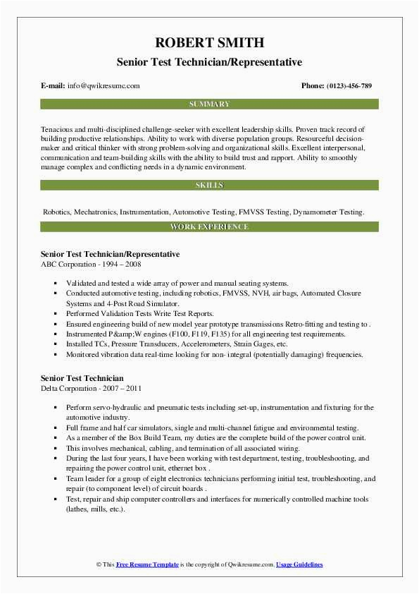 Sample Resume Part Of A Test Group for A System Senior Test Technician Resume Samples