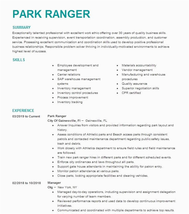 Sample Resume to Apply National Park Service Interpretive Park Ranger Resume Example National Park Service San