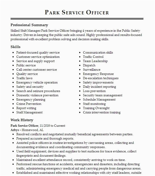 Sample Resume to Apply National Park Service National Park Service Resume Example fort Washington Maryland