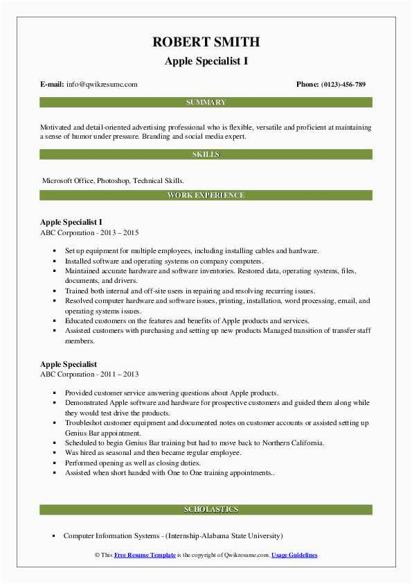Sample Resume to Apply to Apple Apple Specialist Resume Samples