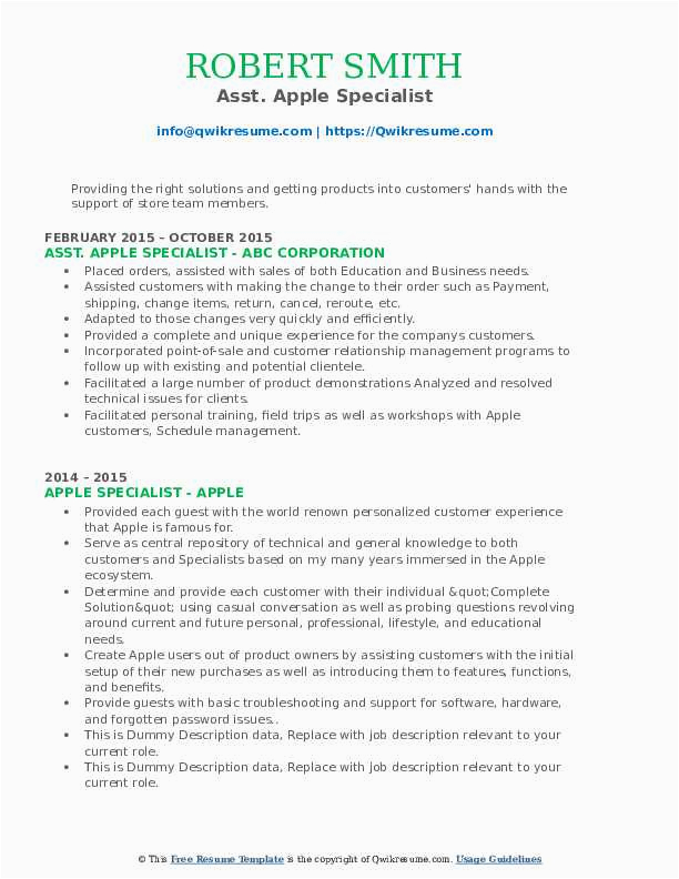 Sample Resume to Apply to Apple Apple Specialist Resume Samples