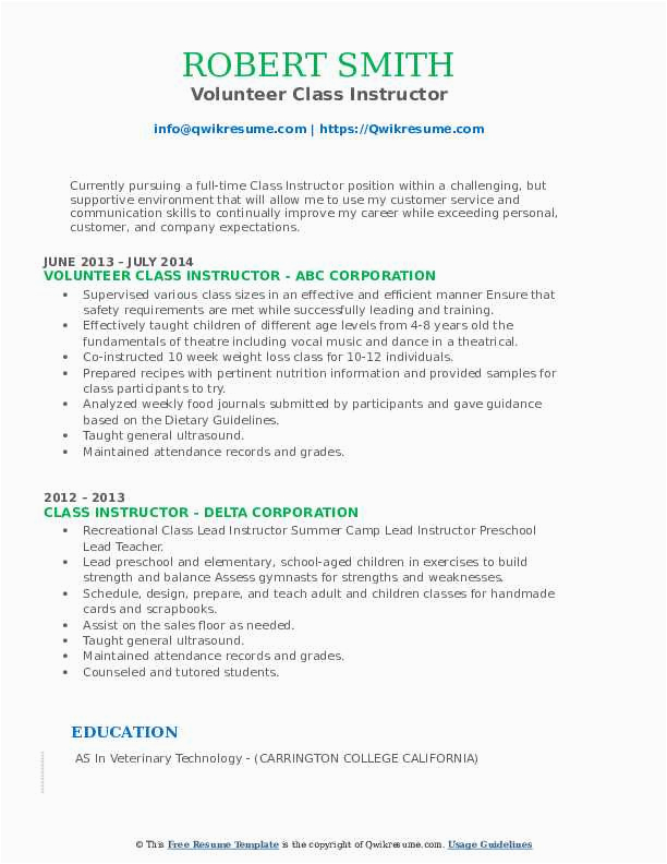 Sample Resume to Be A Volunteer Dance Instructor Class Instructor Resume Samples