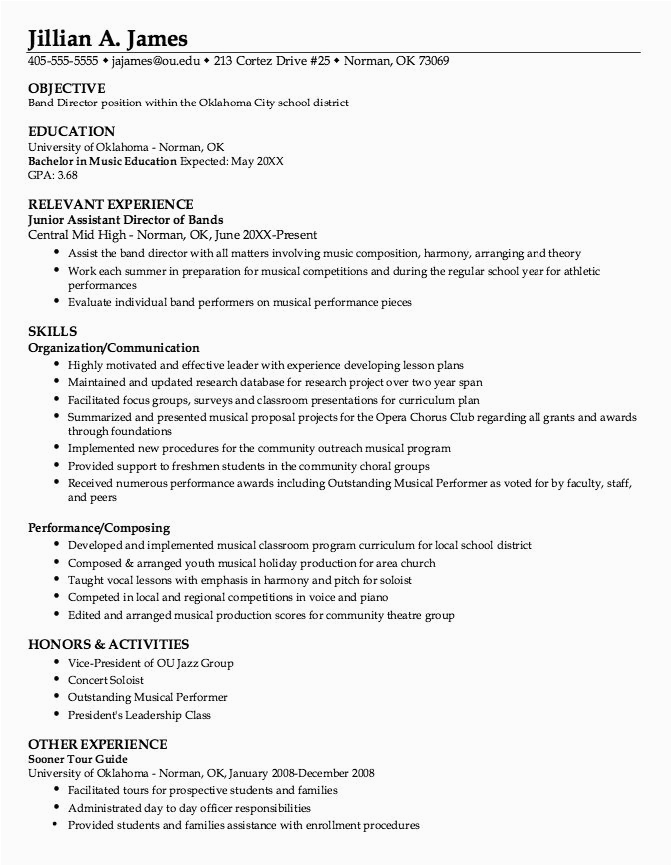 Sample Resume to Be A Volunteer Dance Instructor Fine Arts Music Education Resumes