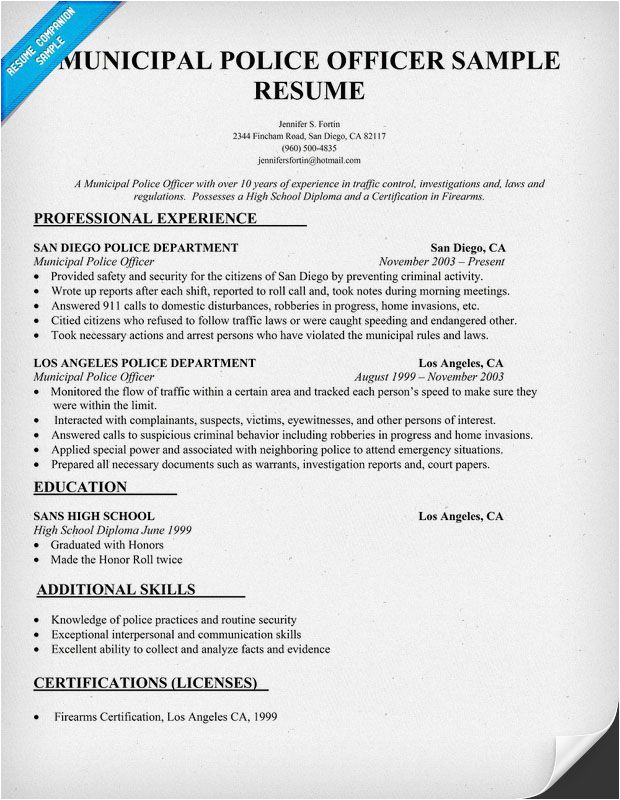 Sample Resume to Become A Police Officer Police Officer Resume