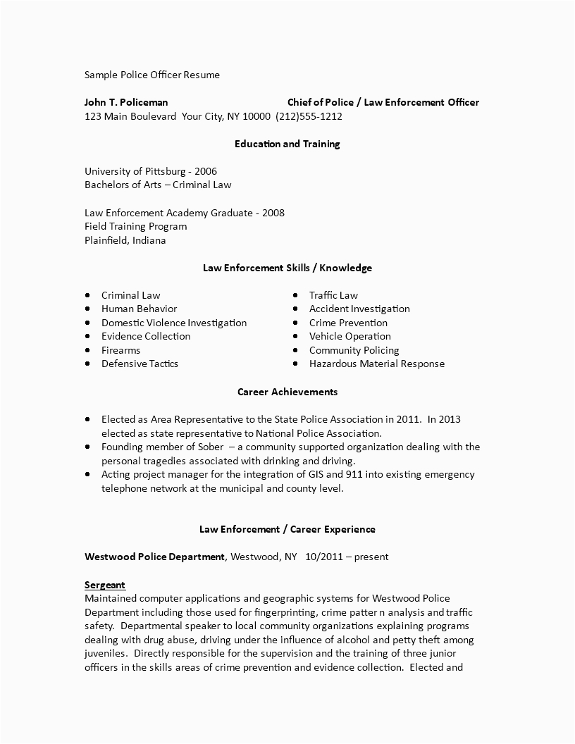 Sample Resume to Become A Police Officer Sample Police Ficer Resume