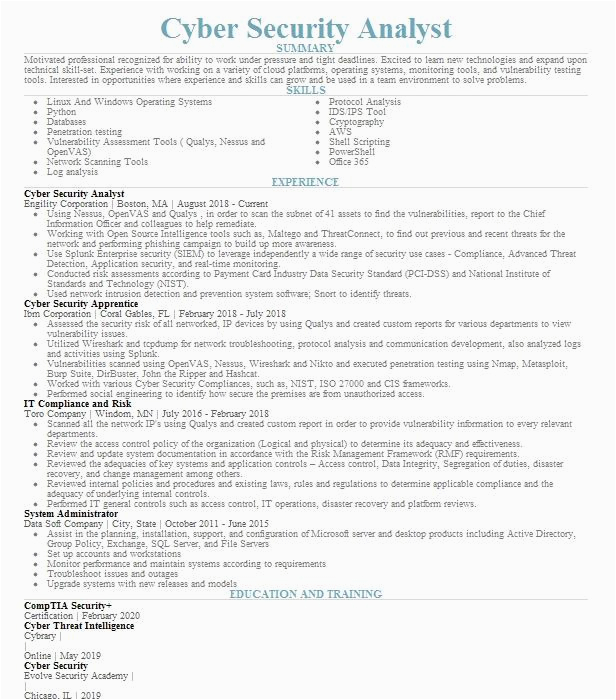 Sample Resume to Enter Bachelor Degree Cyber Security Program Cyber Security Analyst Resume Example Battelle Energy Alliance Bea