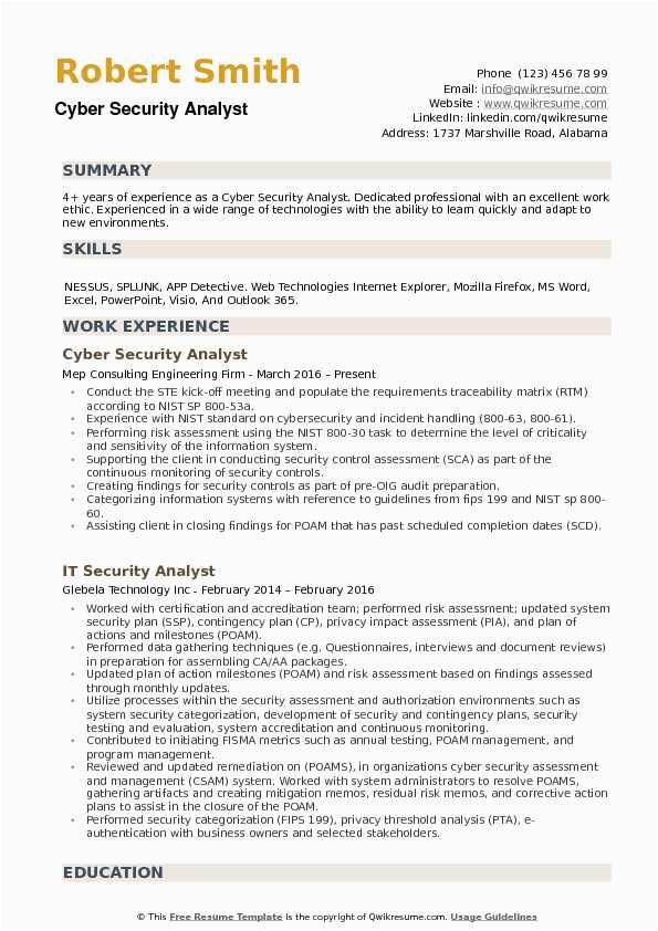Sample Resume to Enter Bachelor Degree Cyber Security Program Cyber Security Analyst Resume Samples