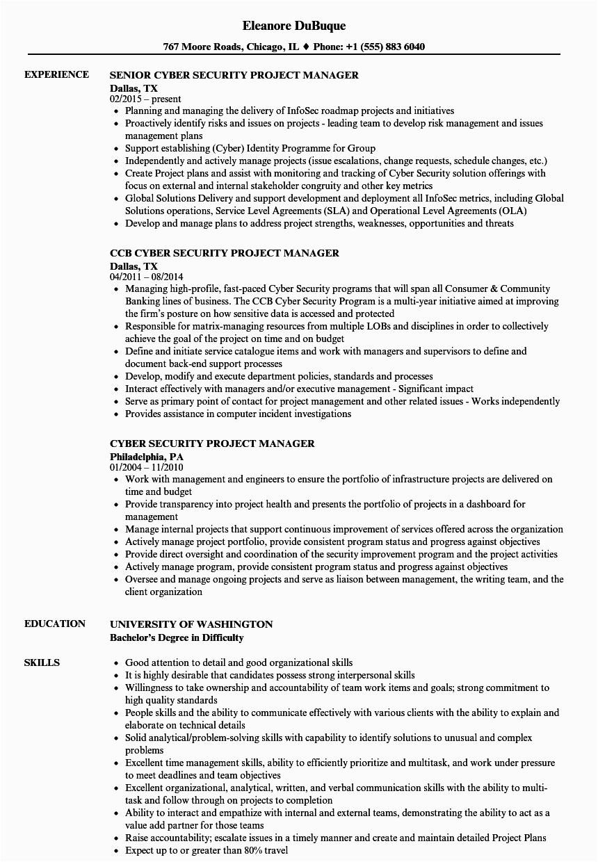 Sample Resume to Enter Bachelor Degree Cyber Security Program Cyber Security Project Manager Resume Samples