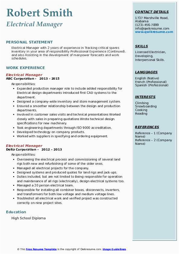 Sample Resumes for Director Of Operations at Electric Company Electrical Manager Resume Samples