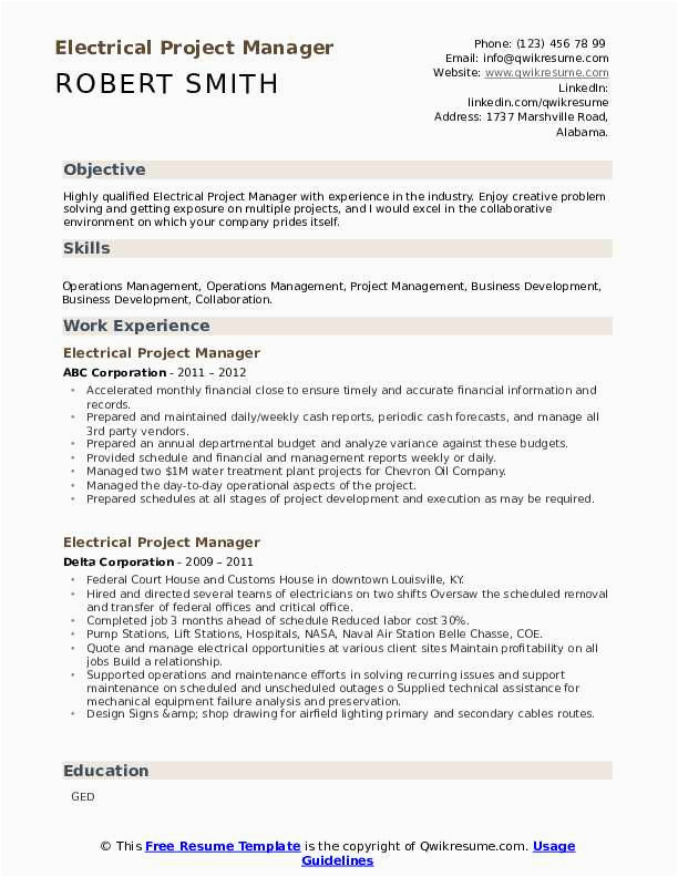 Sample Resumes for Director Of Operations at Electric Company Electrical Project Manager Resume Samples