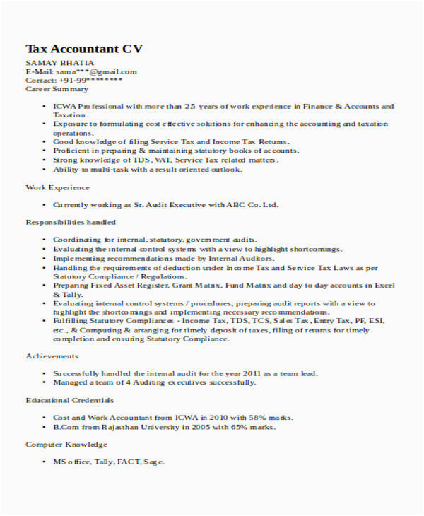 Sample Sales and Use Tax Resume Free 36 Accountant Resume Samples In Ms Word