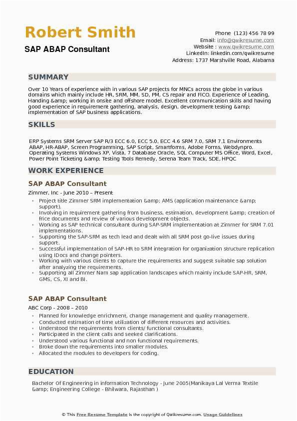Sap Abap Sample Resume for 4 Years Experience Abap Consultant Resume Samples