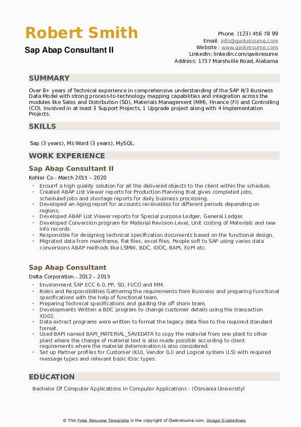 Sap Abap Sample Resume for 4 Years Experience Sap Abap Consultant Resume Samples