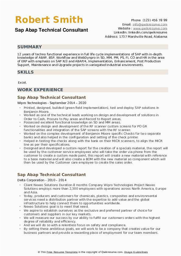 Sap Abap Sample Resume for 4 Years Experience Sap Abap Technical Consultant Resume Samples