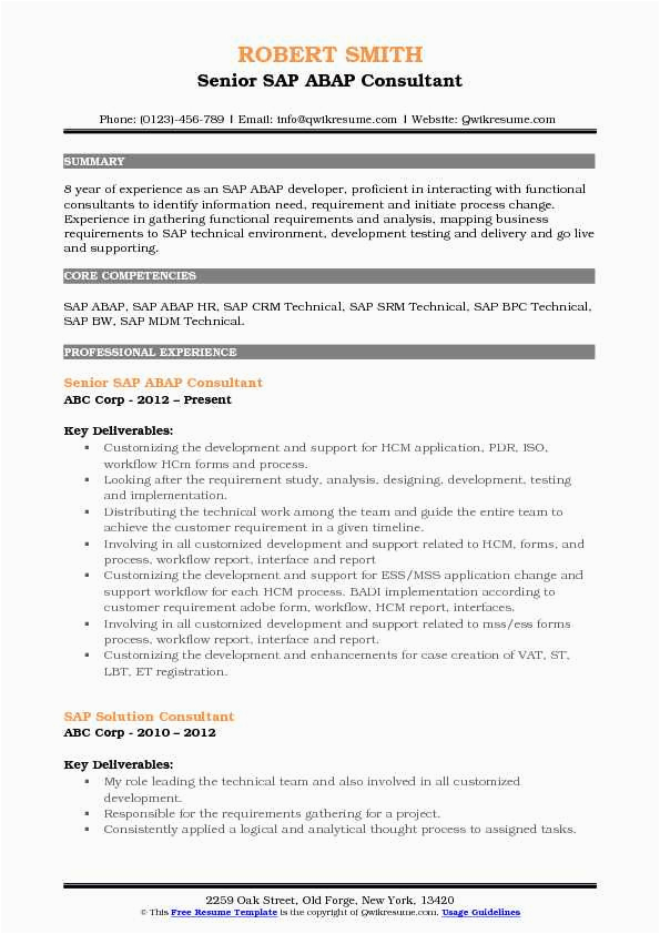 Sap Abap Sample Resume for 8 Years Experience Abap Consultant Resume Samples