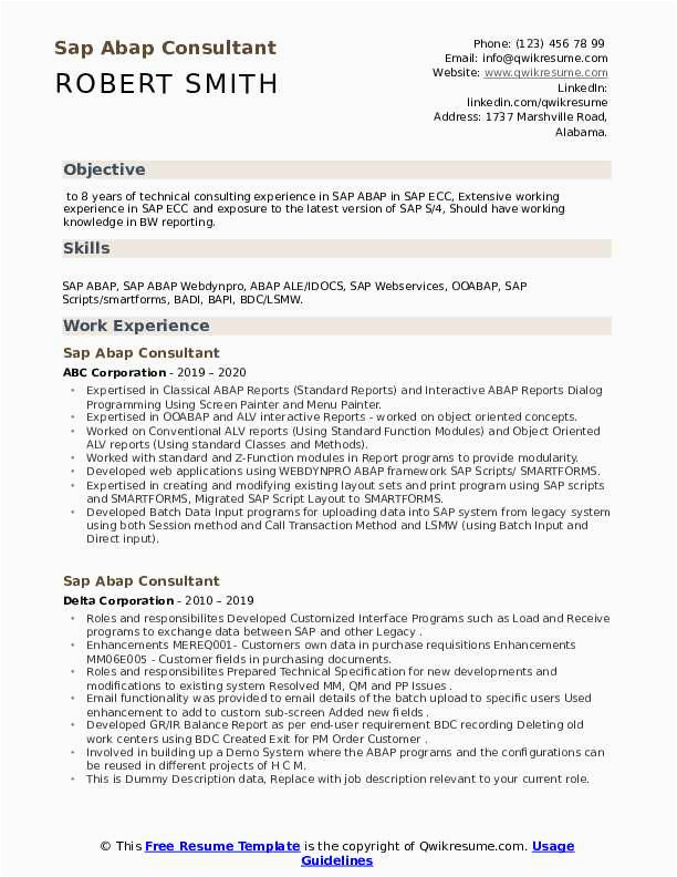 Sap Abap Sample Resume for 8 Years Experience Sap Abap Consultant Resume Samples