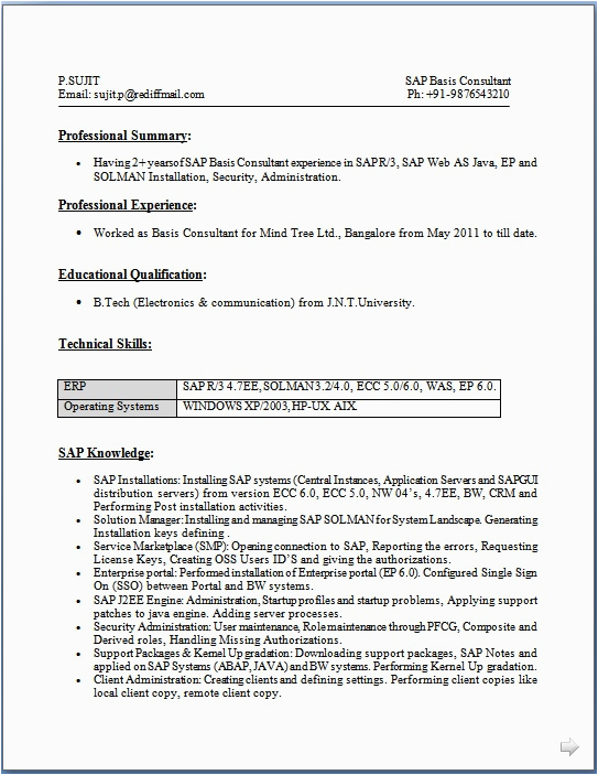 Sap Basis Sample Resume for 2 Years Experience Sap Basis Consultant Resume with 2 Years Work Experience In Word format