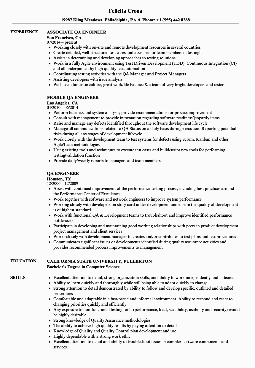 Supplier Quality assurance Engineer Resume Sample Quality assurance Engineer Resume