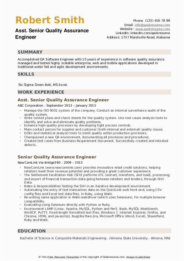 Supplier Quality assurance Engineer Resume Sample Senior Quality assurance Engineer Resume Samples