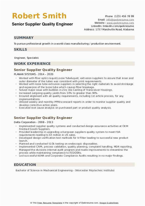Supplier Quality assurance Engineer Resume Sample Senior Supplier Quality Engineer Resume Samples