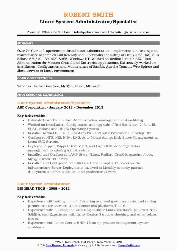 System Administrator Sample Resume 5 Years Experience Linux System Administrator Resume Samples