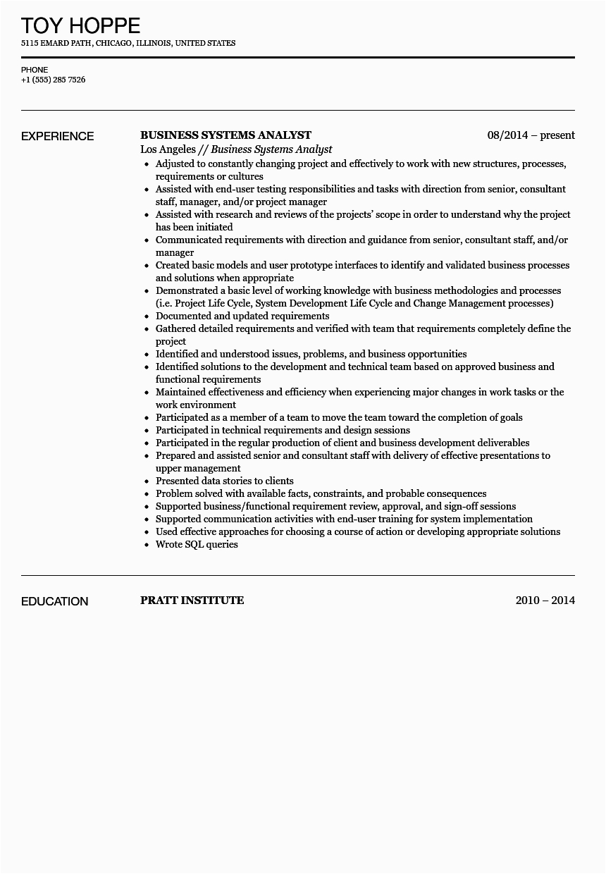 System Analyst User Story Sample Resume Business Systems Analyst Resume Sample