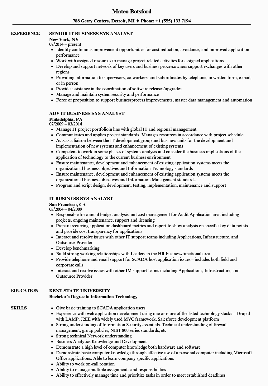 System Analyst User Story Sample Resume It Business Sys Analyst Resume Samples