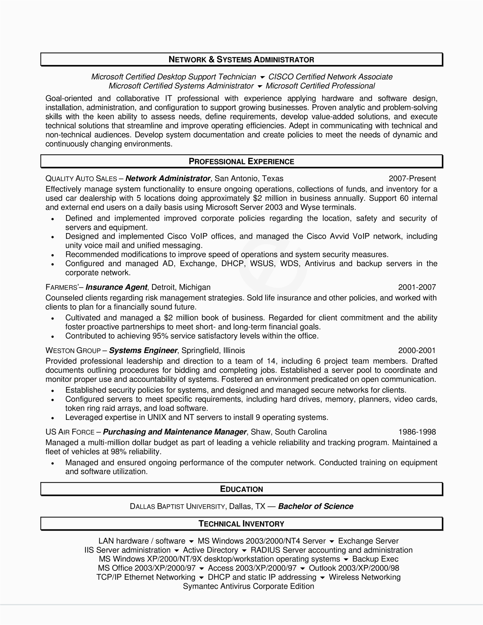 Systems and Network Administrator Resume Sample Network Administrator Resume